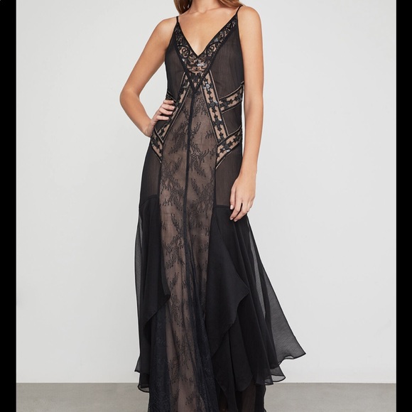 bcbg scrolling lace gown